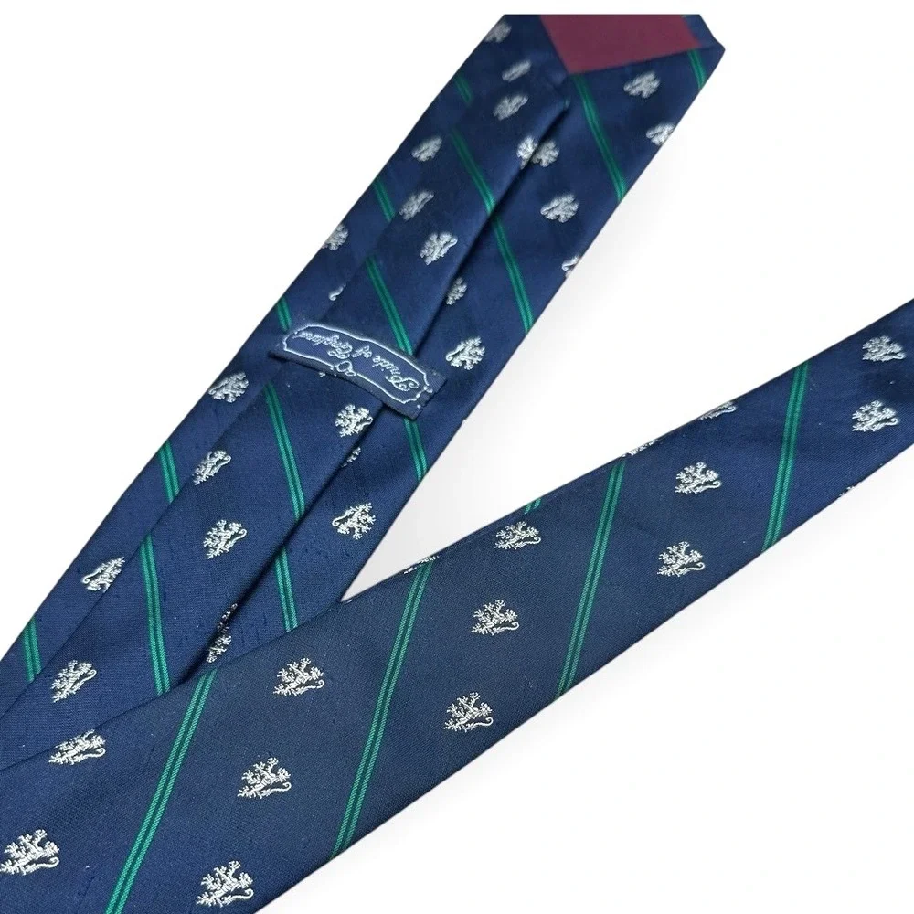 Briar Pride of England Navy Blue Rampant Lion Crest Green Stripe Silk Necktie